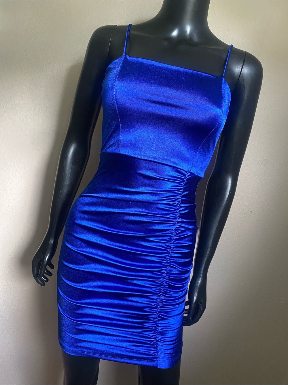 Windsor Royal Blue Satin Spaghetti Strap Ruched Mini Dress